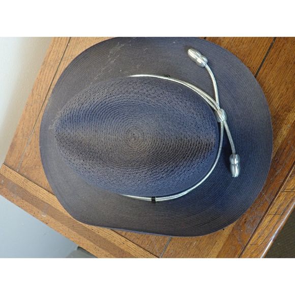 Lawman Hat Genuine Milan 7 1/4 Silver Tassel Campaign Sheriff Blue Navy Straw - Picture 2 of 10